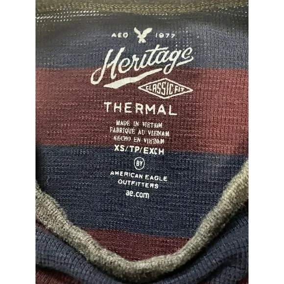 American Eagle Heritage Thermal Knit Long Sleeve XS Burgundy Navy Stripes - Picture 7 of 8